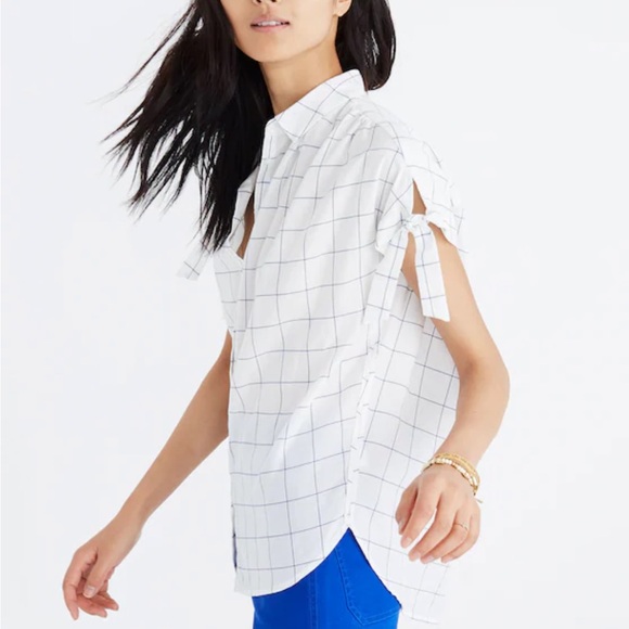 MADEWELL Central Tie-Sleeve Shirt Windowpane Small Blue/White - Picture 3 of 13